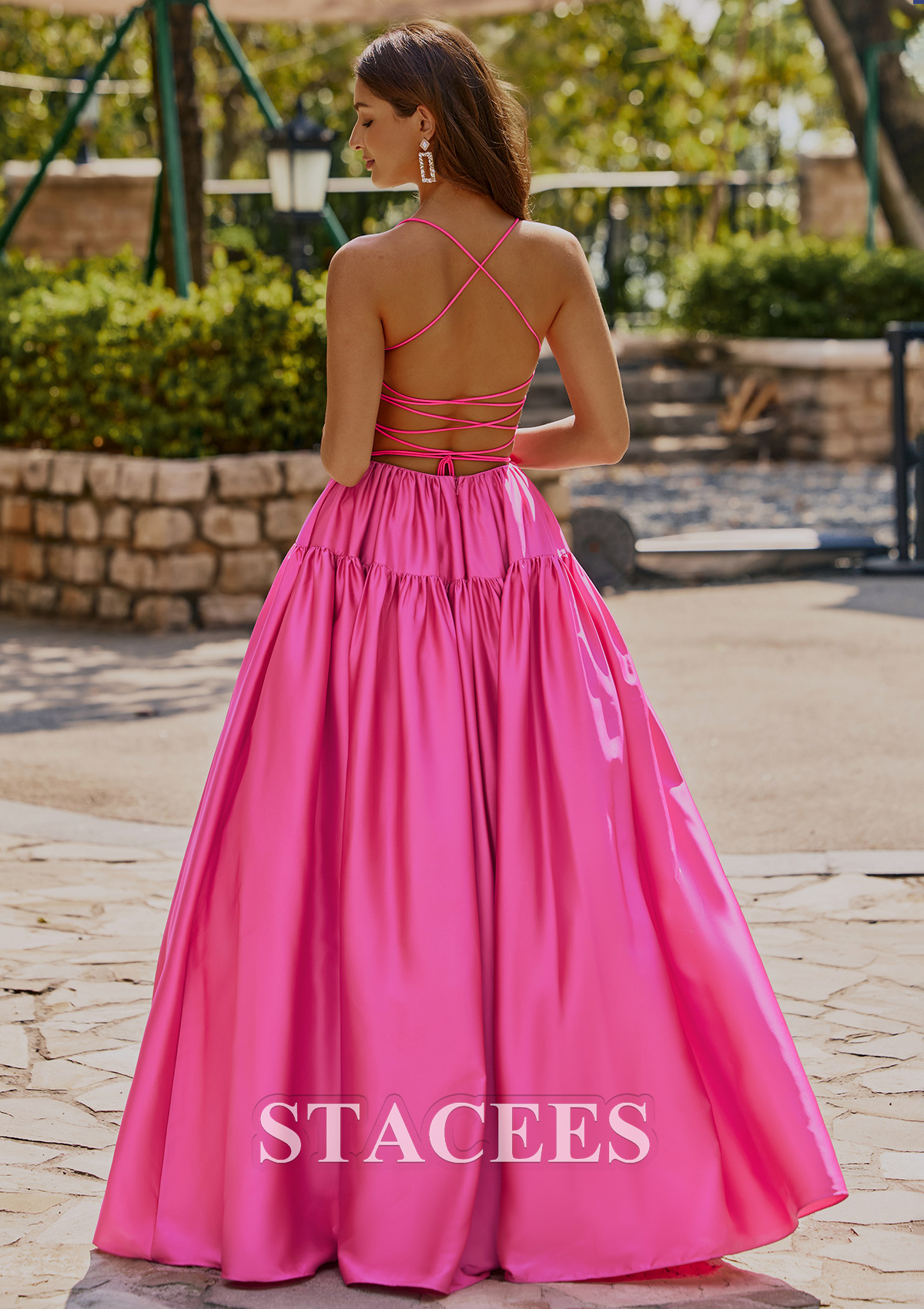 Hot Pink Classic Ball-Gown Satin Prom Dress with Strappy Open Back - STACEES