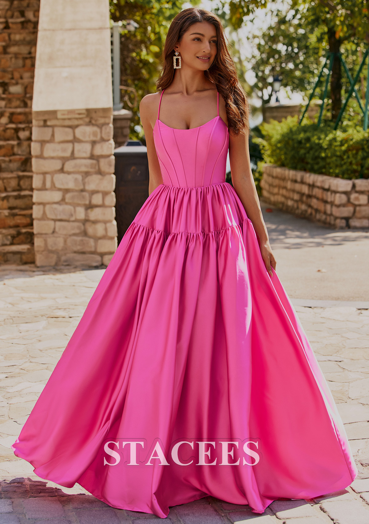 Hot Pink Classic Ball-Gown Satin Prom Dress with Strappy Open Back - STACEES