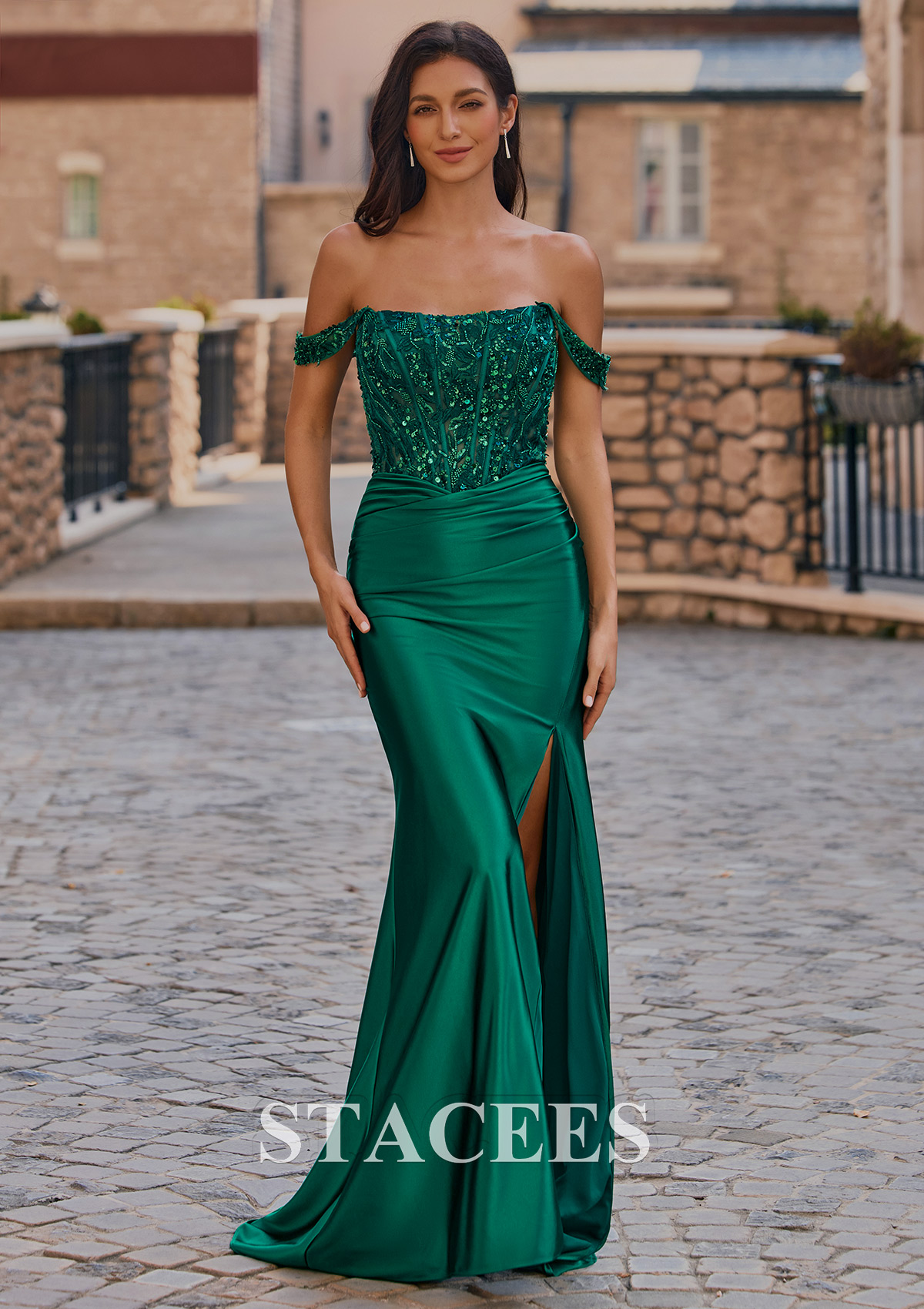 Vert Foncé Trumpette/Sirène épaule dénudée soie comme du satin traîne balayage robe de bal avec appliqué perles paillettes - STACEES