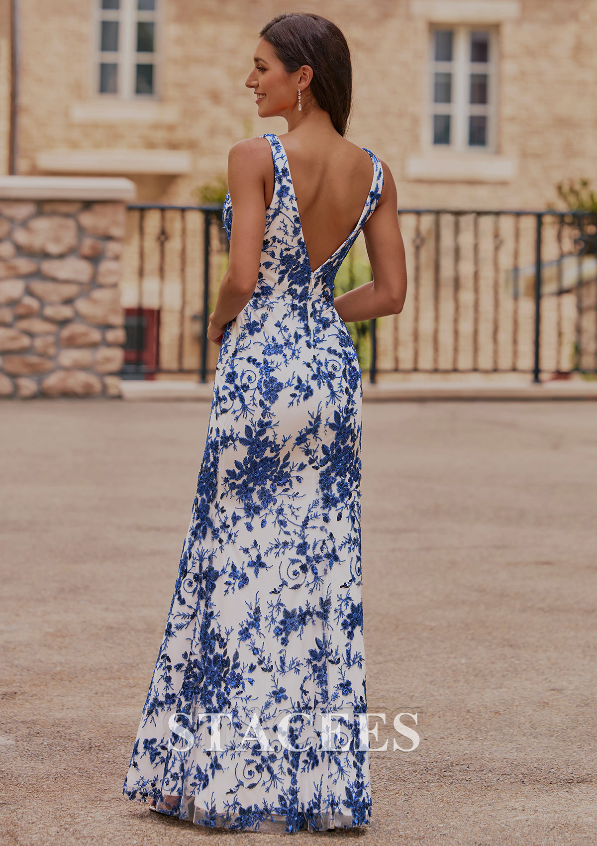 Bleu Royal Trumpette/Sirène col en v paillettes longueur ras du sol robe de bal avec perles fendue - STACEES