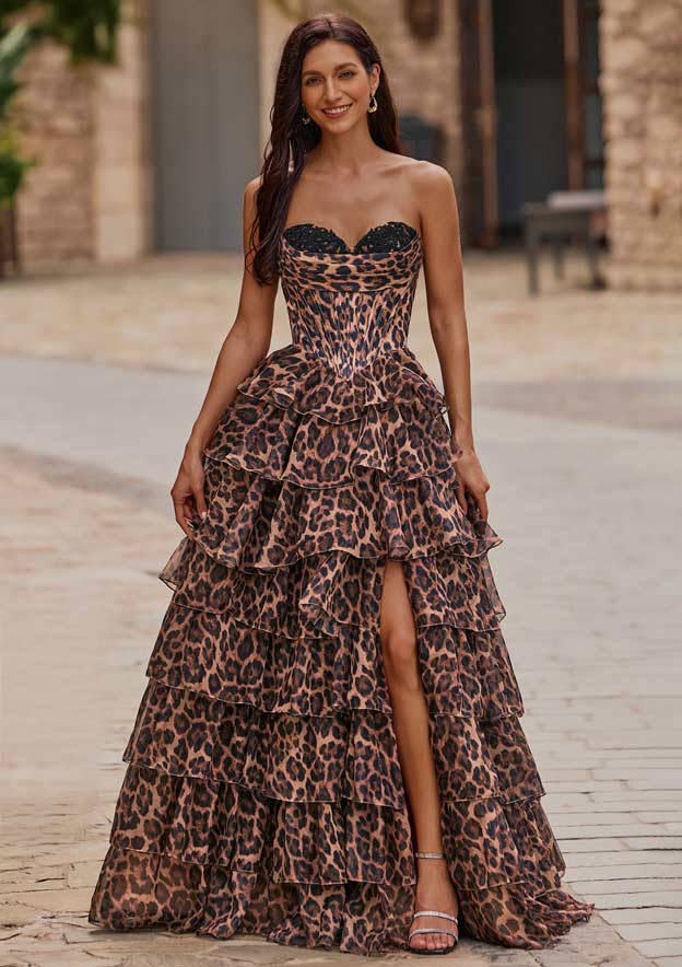 pink floral leopard print tiered corset dress Stacees 2026 Strapless Corset Leopard Print Tiered Ruffle Slit Prom Dress