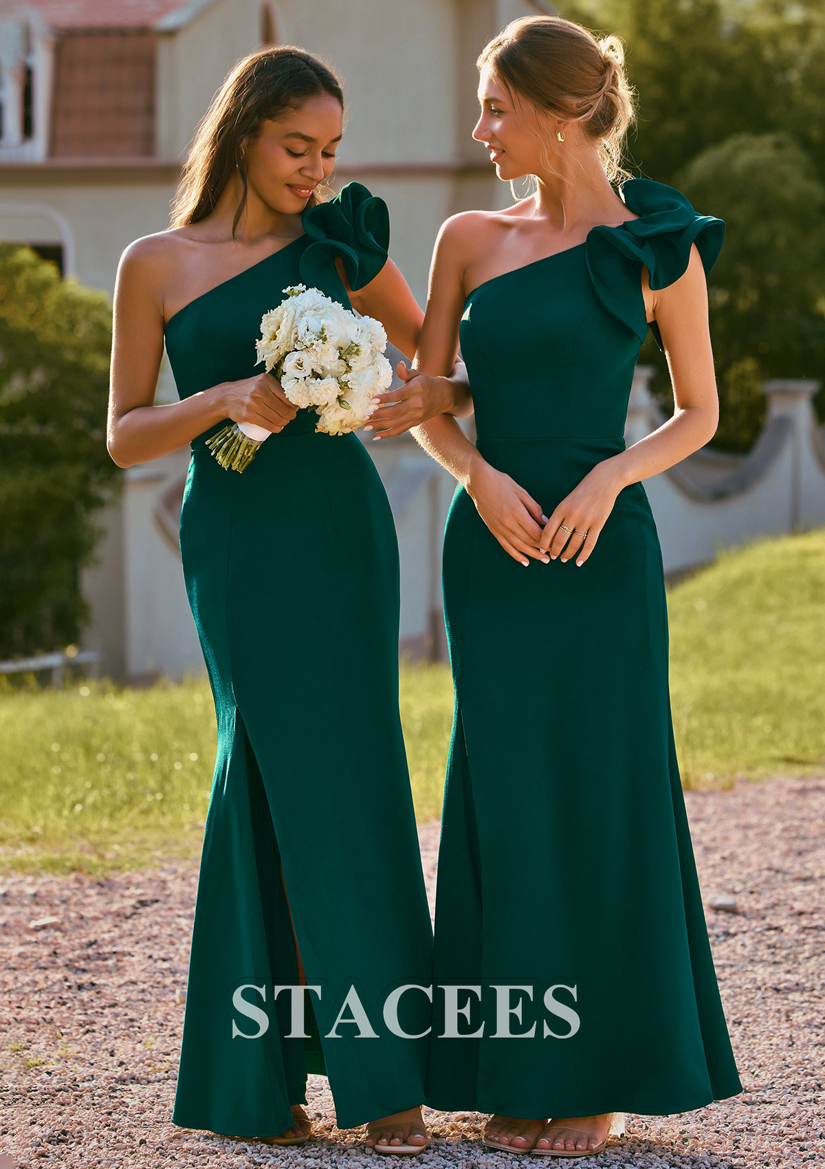 Dark Green Ruffle Flowy One-Shoulder Stretch Crepe Bodycon Mermaid Bridesmaid Dress with Slit