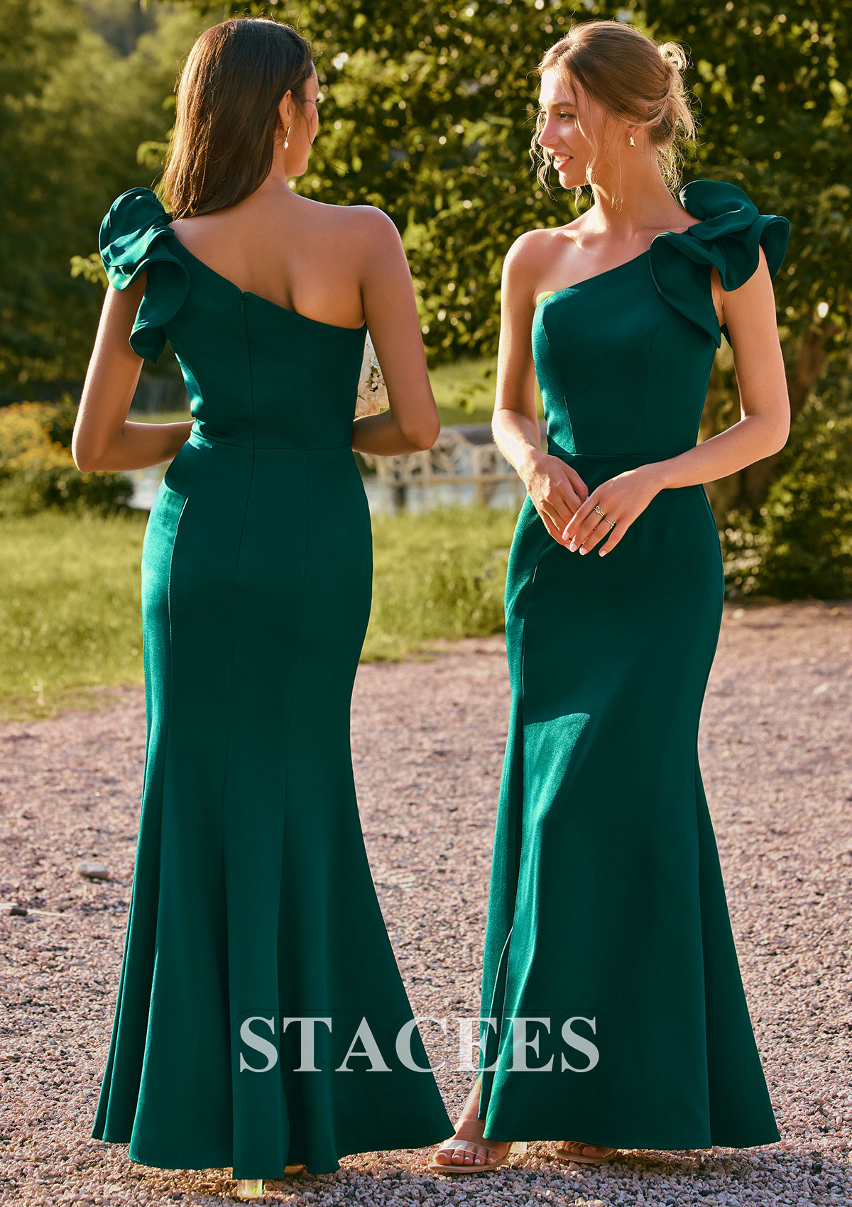 Dark Green Mermaid Ruffle One-Shoulder Stretch Crepe Bridesmaid Dress with Slit