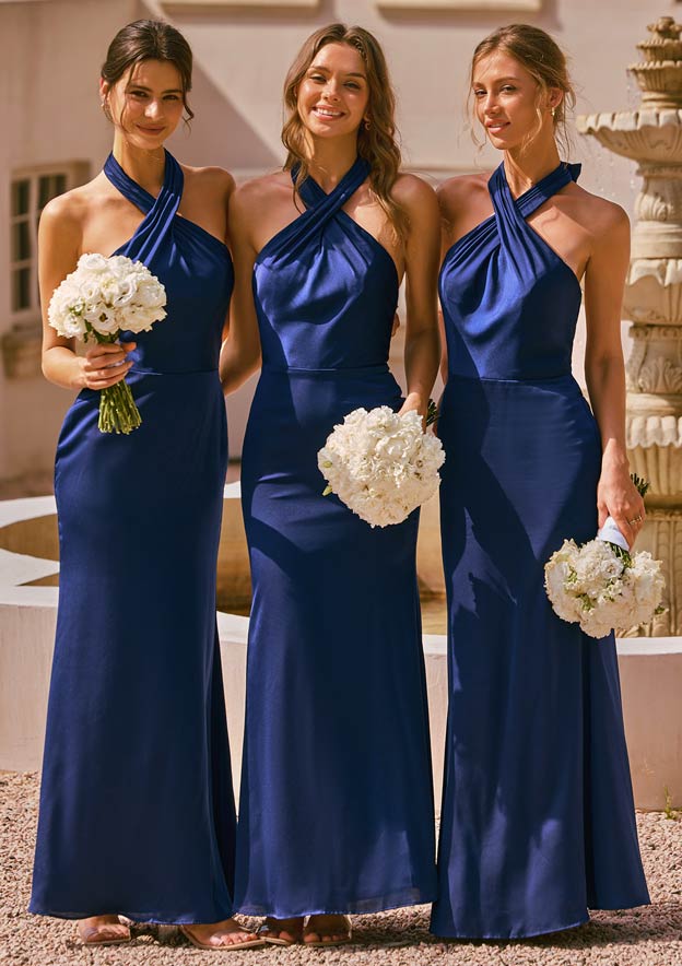 Fitted Stretch Satin Floor-Length Bridesmaid Dress with Halter Neck and Open Back