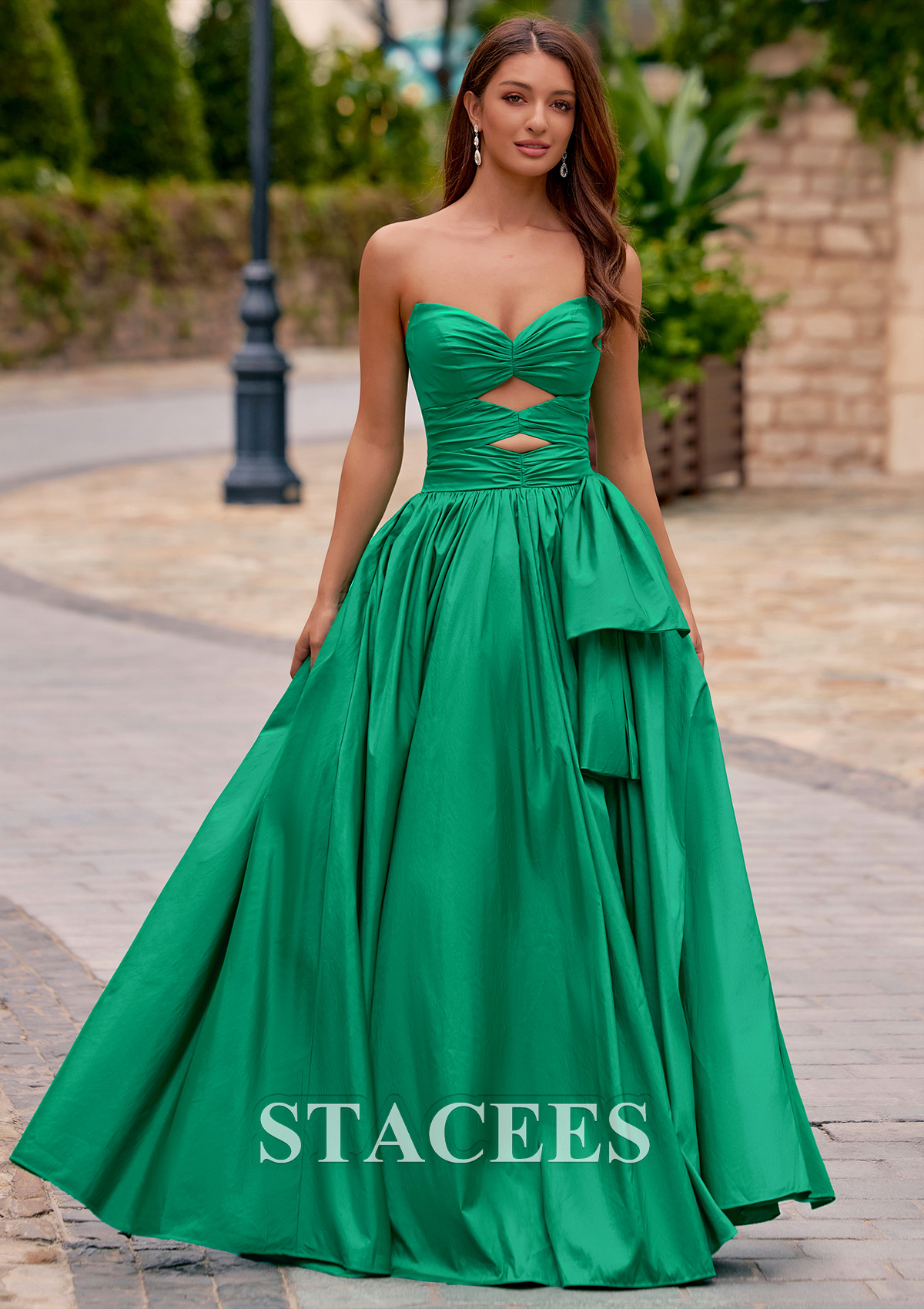 As Picture A-line Ruched Strapless V Neck Cutout Corset Taffeta Prom Dress - STACEES