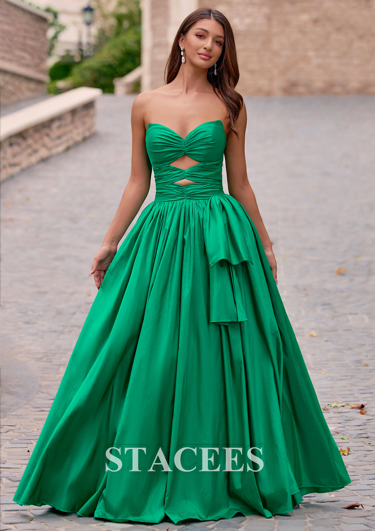 As Picture A-line Ruched Strapless V Neck Cutout Corset Taffeta Prom Dress - STACEES