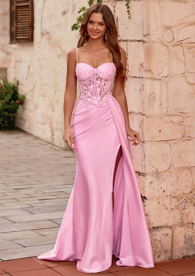 embroidered lace sheer illusion long prom dress GLS by Gloria GL3251 Women's Formal Evening & Wedding Guest Dress - Blue/Peach