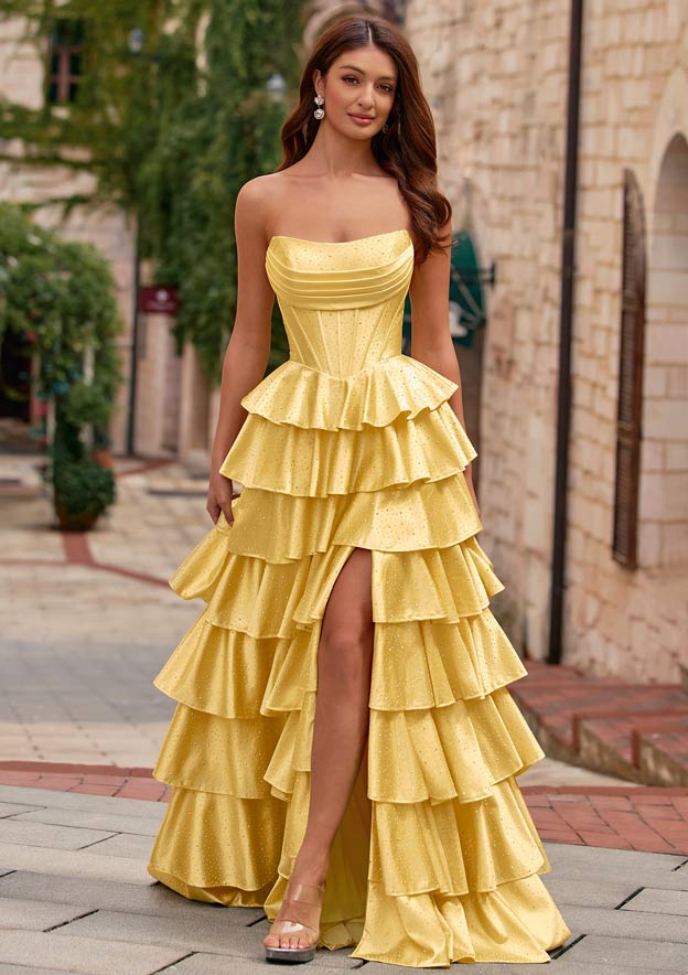 A-line Strapless Ruched Corset Tiered Ruffle Hotfix Prom Dress