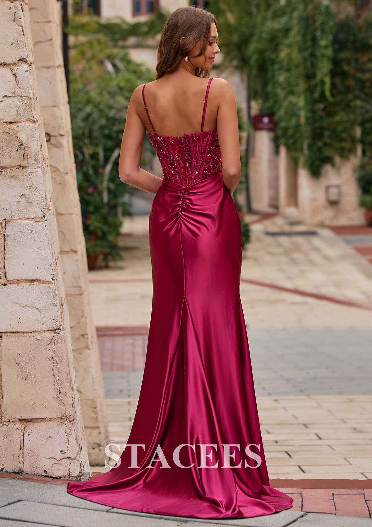 red embellished prom dress Amarra 89074 Long Lace Applique Corset Prom Dress