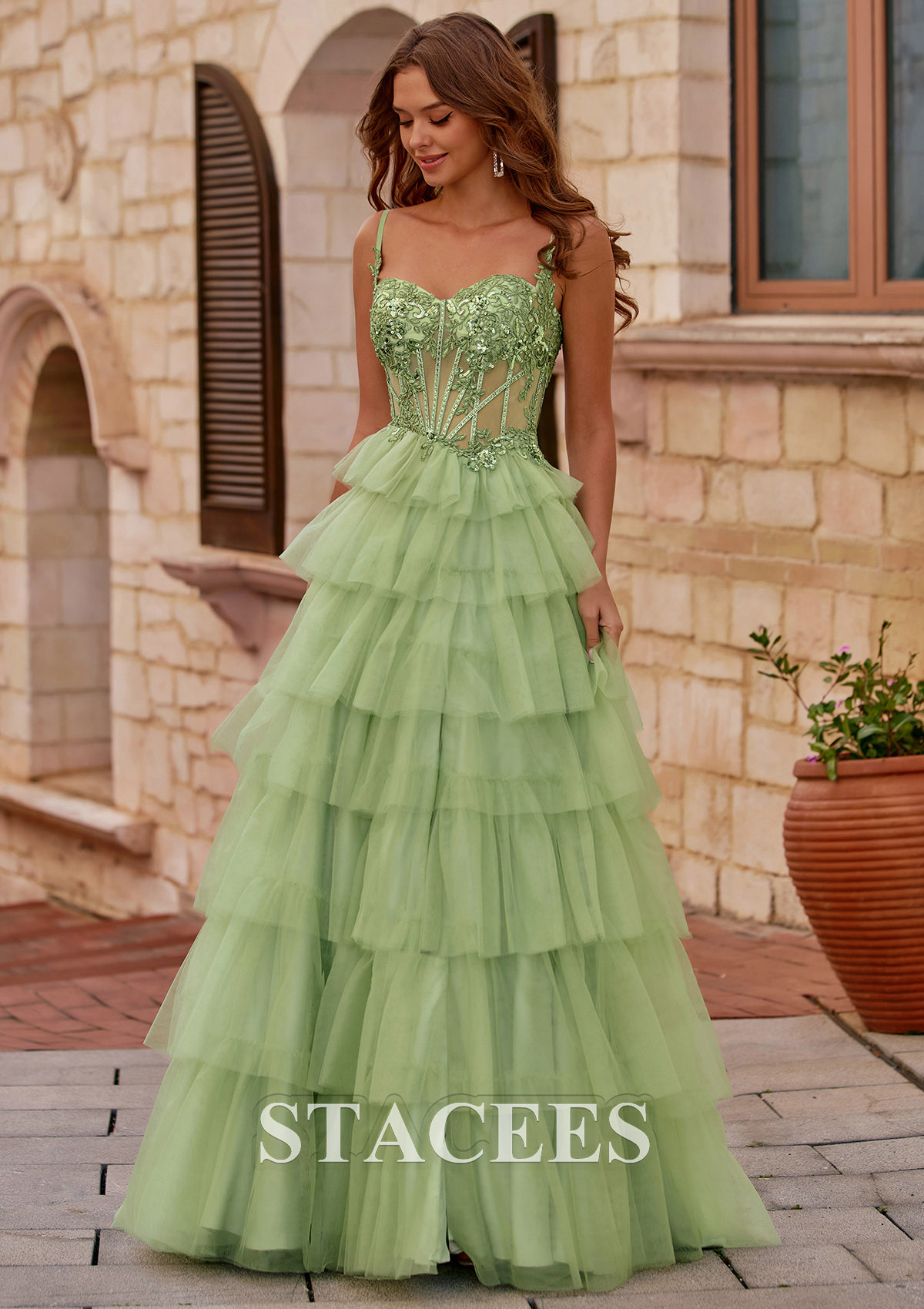embroidered tulle ruffle dress Stacees 2026 A-line Tiered Ruffle Tulle Slit Prom Dress with Illusion Embroidered Corset