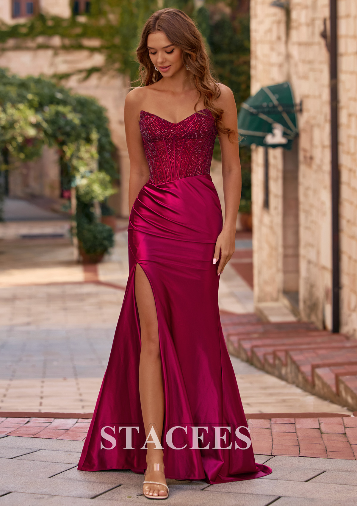 bateau neckline prom dress Stacees 2026 Mermaid Bateau Hot-fix Beaded Strapless Corset Prom Dress with Slit