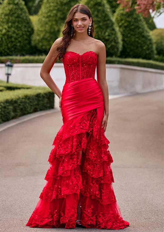 red mermaid ruffle dress Two-piece Red Ruffled Mermaid Cute Pageant Dress