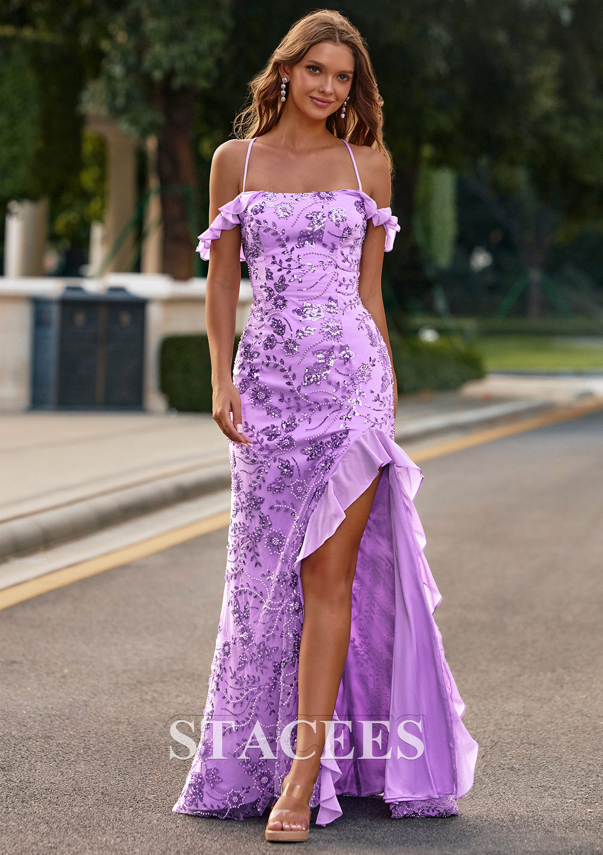 prom dress with ruffle back Stacees 2026 Fitted Ruffle Off-The-Shoulder Sequin Slit Prom Dress with Open Strappy Back