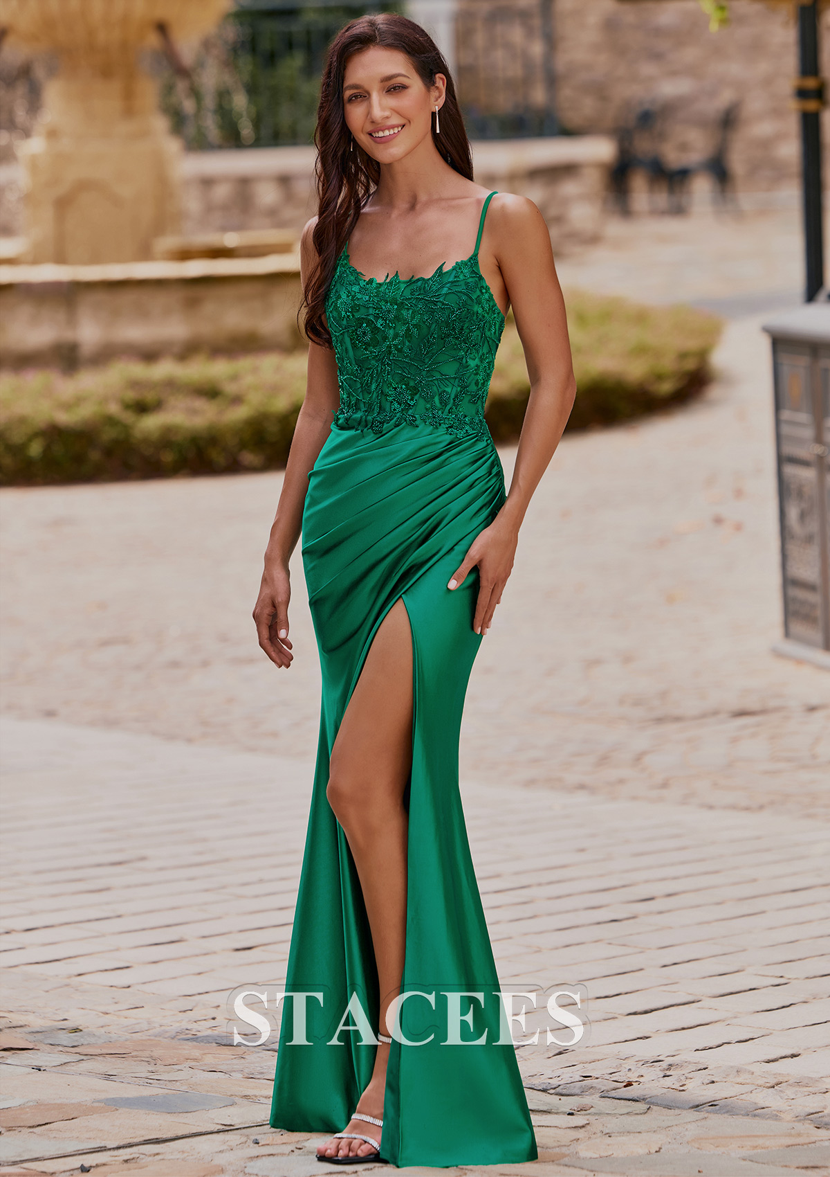 Dark Green Fitted Scoop Neck Embroidered Lace Corset Floor-Length Slit Prom Dress - STACEES