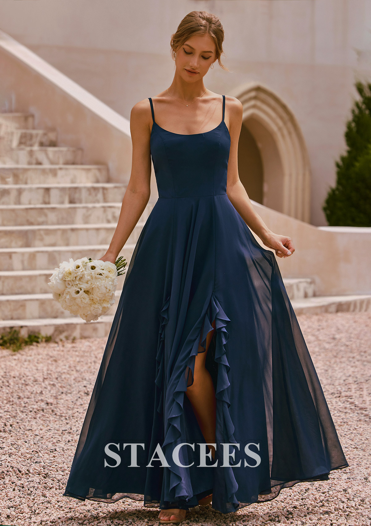 a-line scoop floor-length chiffon bridesmaid dress with ruffle A-line Spaghetti Straps Cascading Ruffles Chiffon Floor-Length Bridesmaid  Dress with Slit S6070B - Bridesmaid Dresses