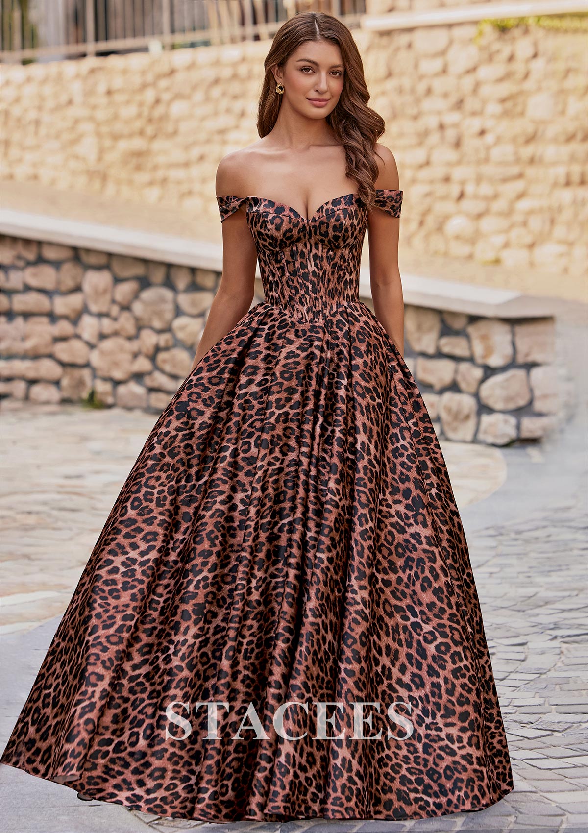 pink and cheetah print prom dress Stacees 2026 Leopard Print A-line Off-the-Shoulder Corset Prom Dress