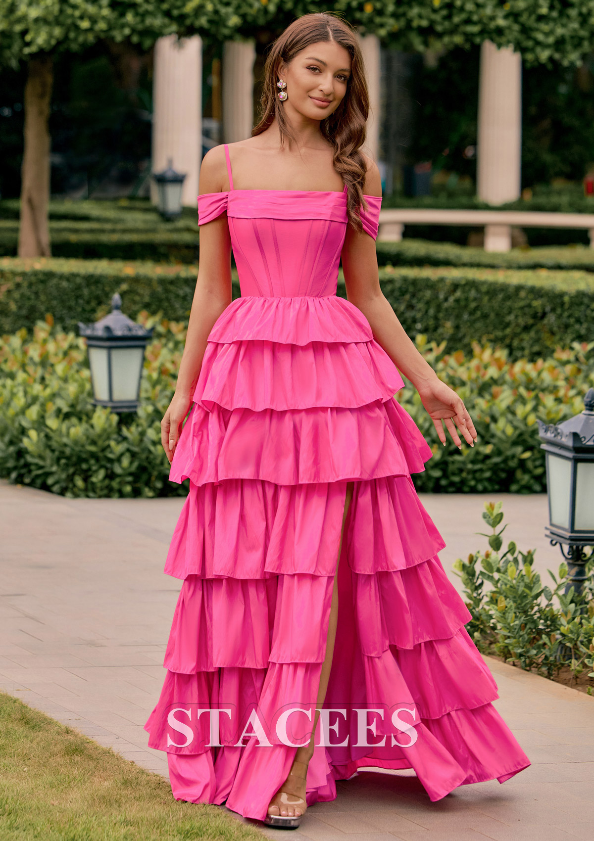 Hot Pink A-line Off-the-Shoulder Straps Taffeta Tiered Ruffle Prom Dress with Slit - STACEES