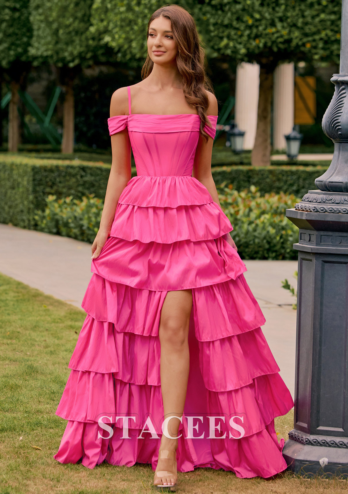 Hot Pink A-line Off-the-Shoulder Straps Taffeta Tiered Ruffle Prom Dress with Slit - STACEES