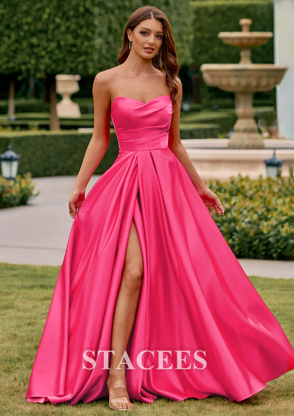 a line v neck satin prom dress Stacees 2026 Red A-Line Strapless Corset Prom Dress with Pleats Slit
