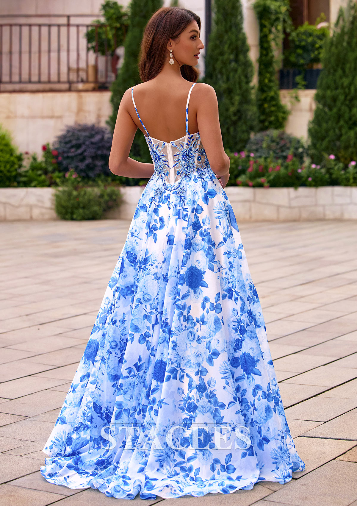 Royal Blue Floral A-line Floral Print Beaded Boned Corset Prom Dress with Slit - STACEES