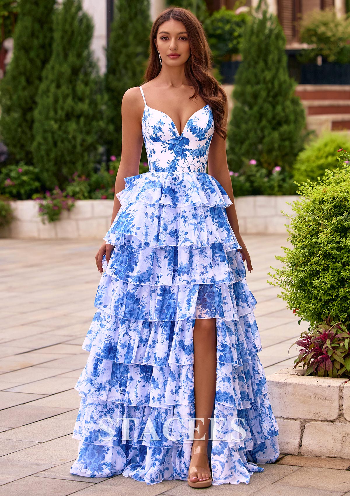 prom dress in blue Blue satin v neck lace long prom dress, blue evening dress