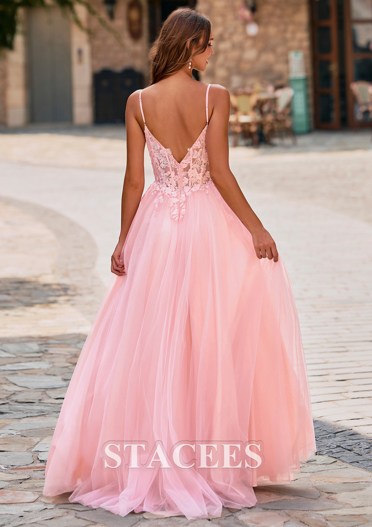 A-line V Neck Floral Lace Applique Corset Tulle Sweep Train Prom