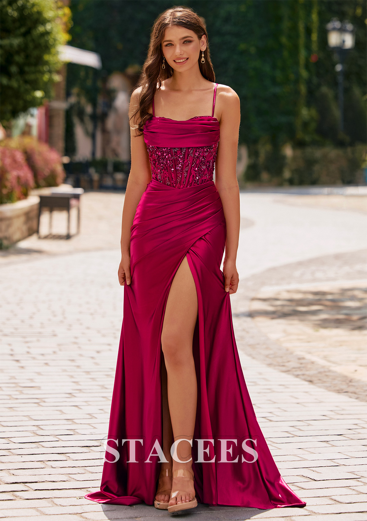 red and purple prom dresses A-Line V-Neck Burgundy Tulle Beaded Prom Dress with Ruffles PG881 US6 / Purple