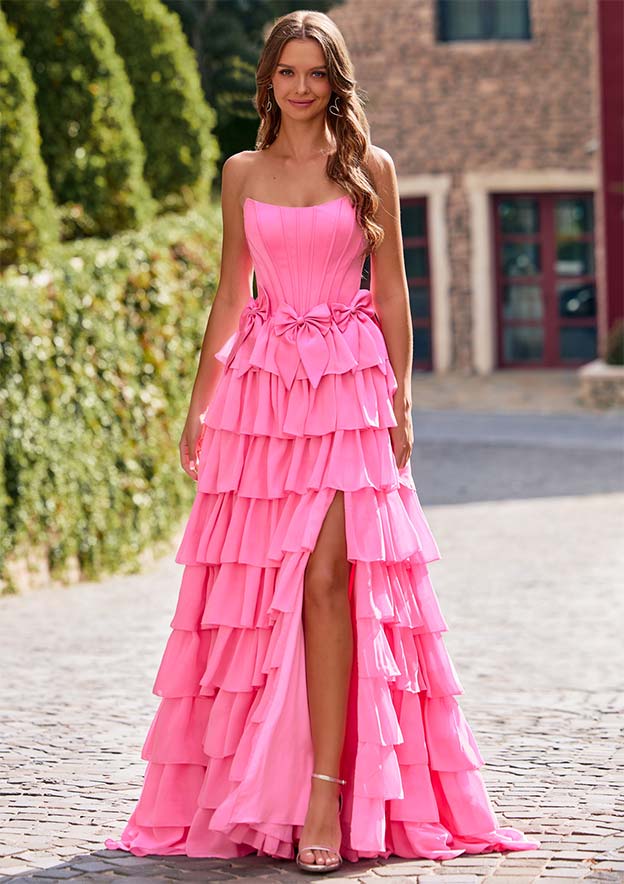 A-line Strapless Corset Chiffon Tiered Ruffle Prom Dress with Bows