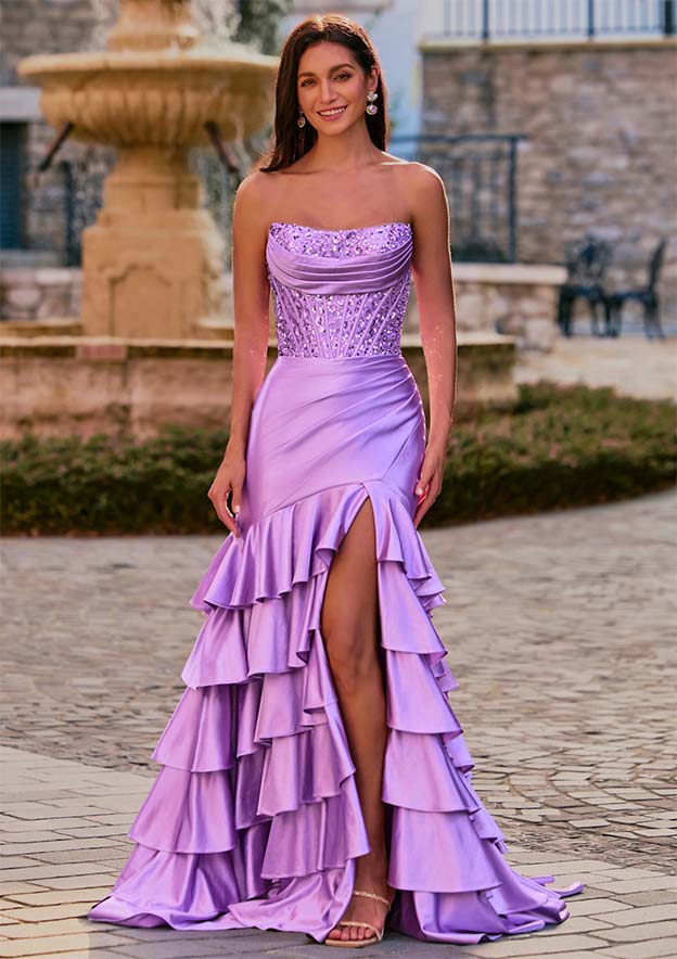 Fitted Mermaid Strapless Sequins Ruched Corset Tiered Ruffle Prom Dress with Slit