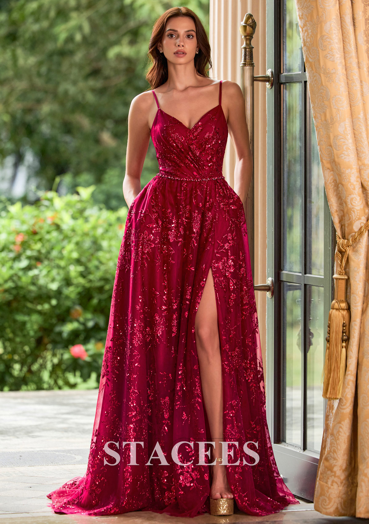 Burgundy Floral Sequin Glitter A-line Slit Prom Dress with Beaded Waistband - STACEES