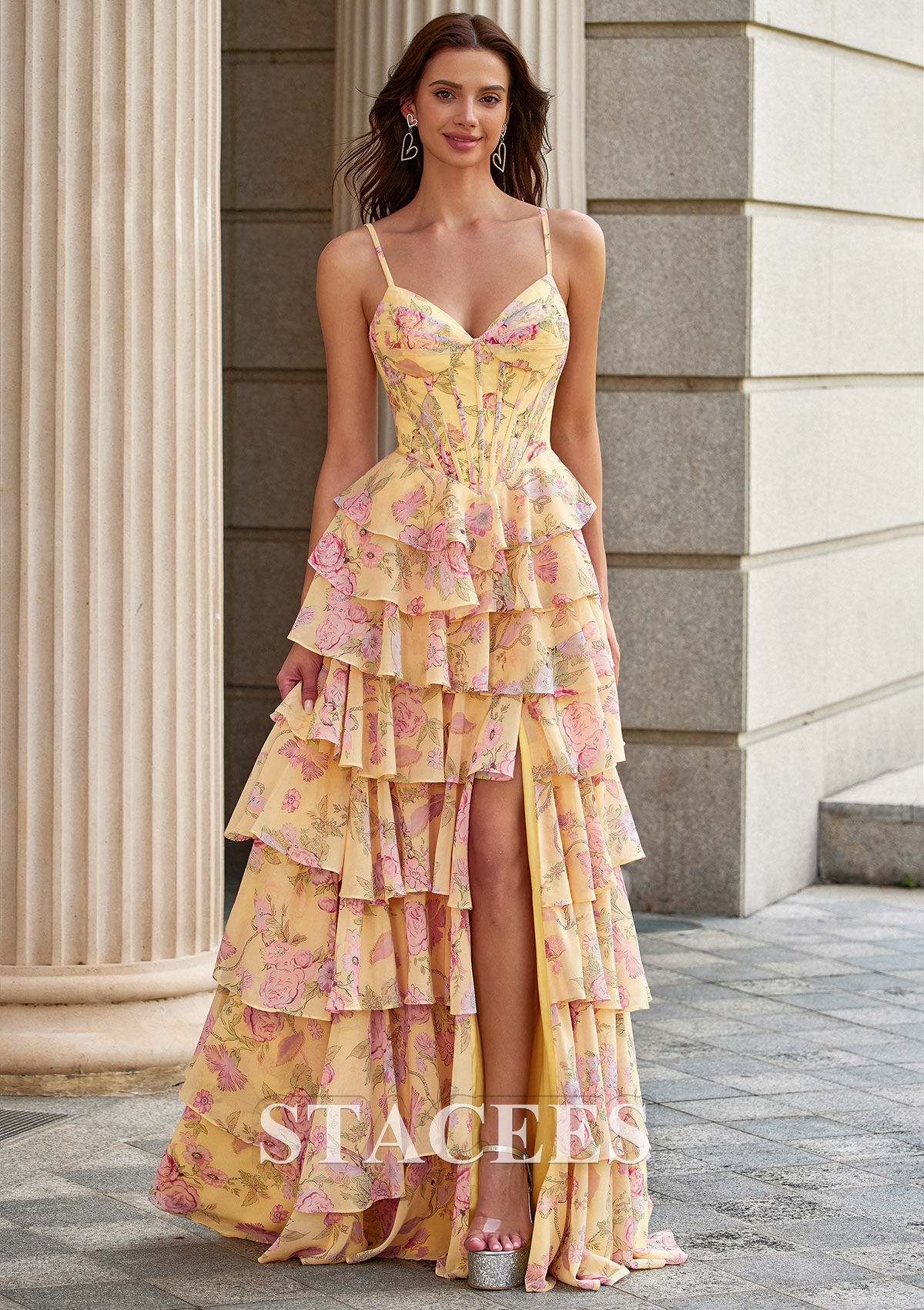 floral a line prom dress Stacees 2026 A-line Blue Floral Tiered Ruffle Cut Out Prom Dress with Crisscross Back
