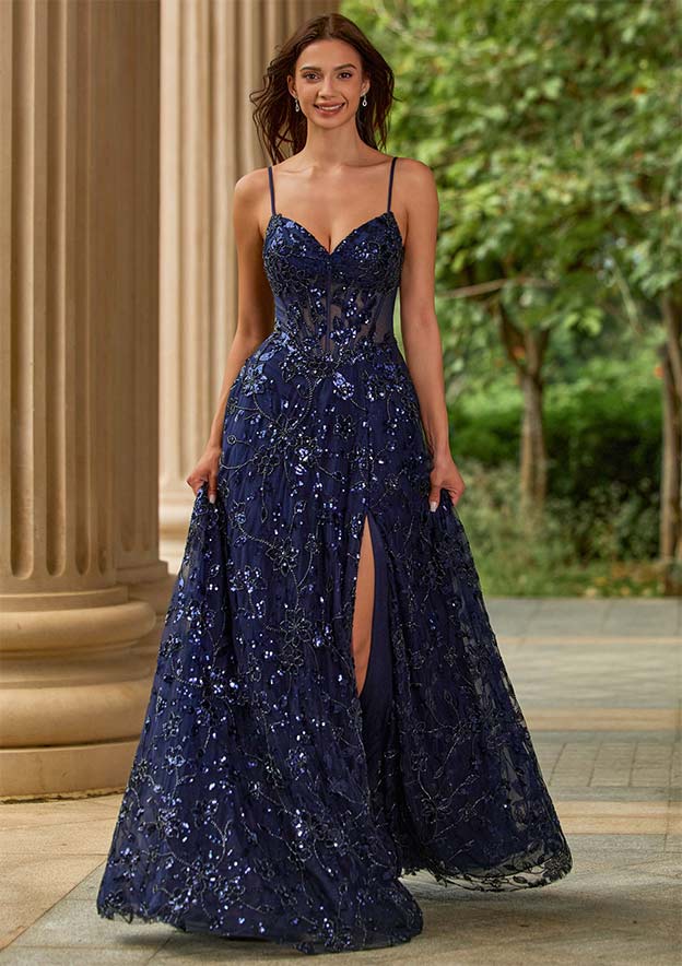 Beading Sequin Lace Corset A‑Line Prom Dress with High Slit Lace‑Up Back