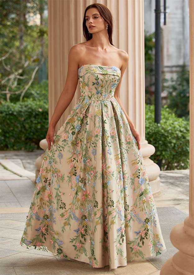 long embroidered prom dress A-Line Embroidered Bodice Open Criss Cross Back Long Prom Dress