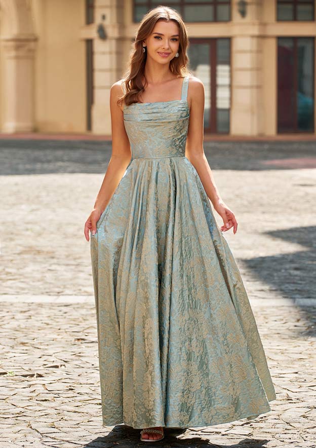 Vintage Ruched Floral Jacquard A-Line Prom Dress with Wide Straps