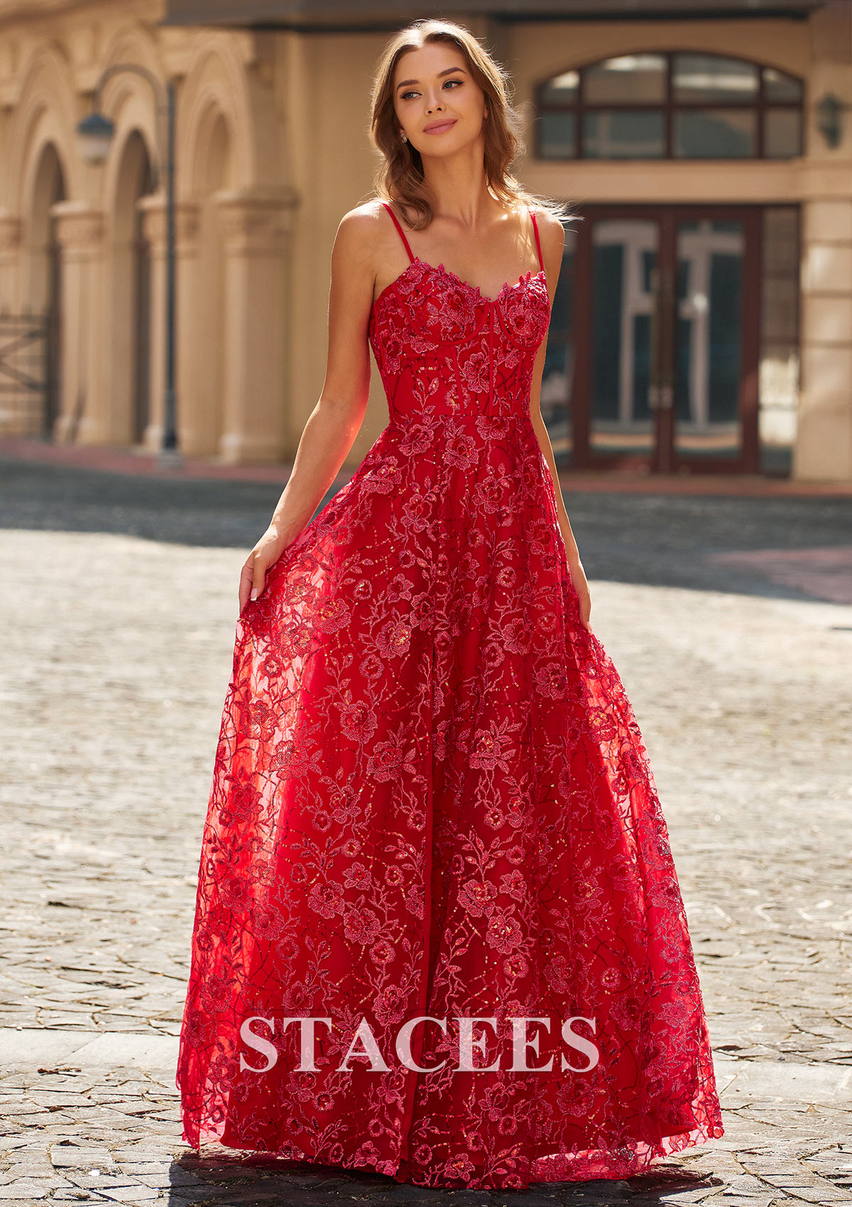 Red Glittering Floral Embroidery A-Line Prom Dress with Spaghetti Straps - STACEES
