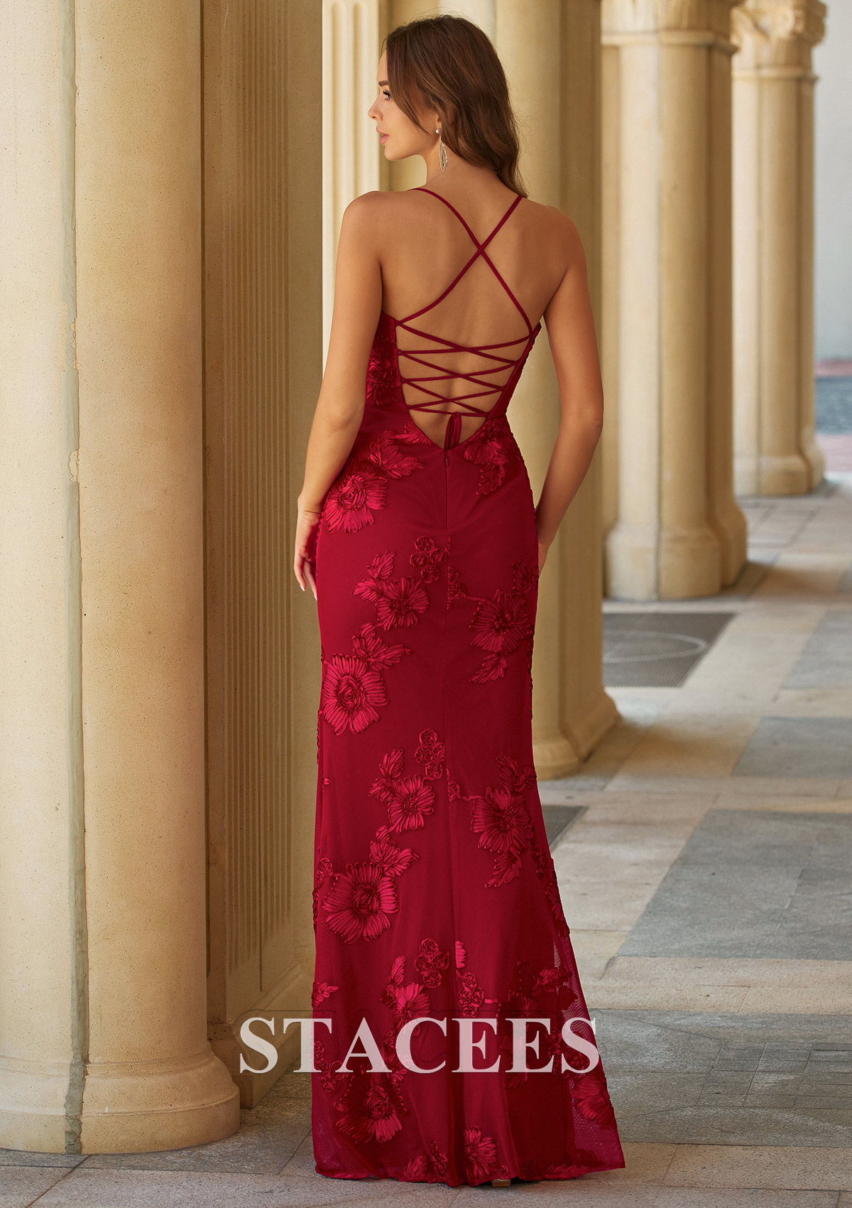 open back red lace prom dress ASHLEYlauren Lace-up Open Back Prom Dress 12357