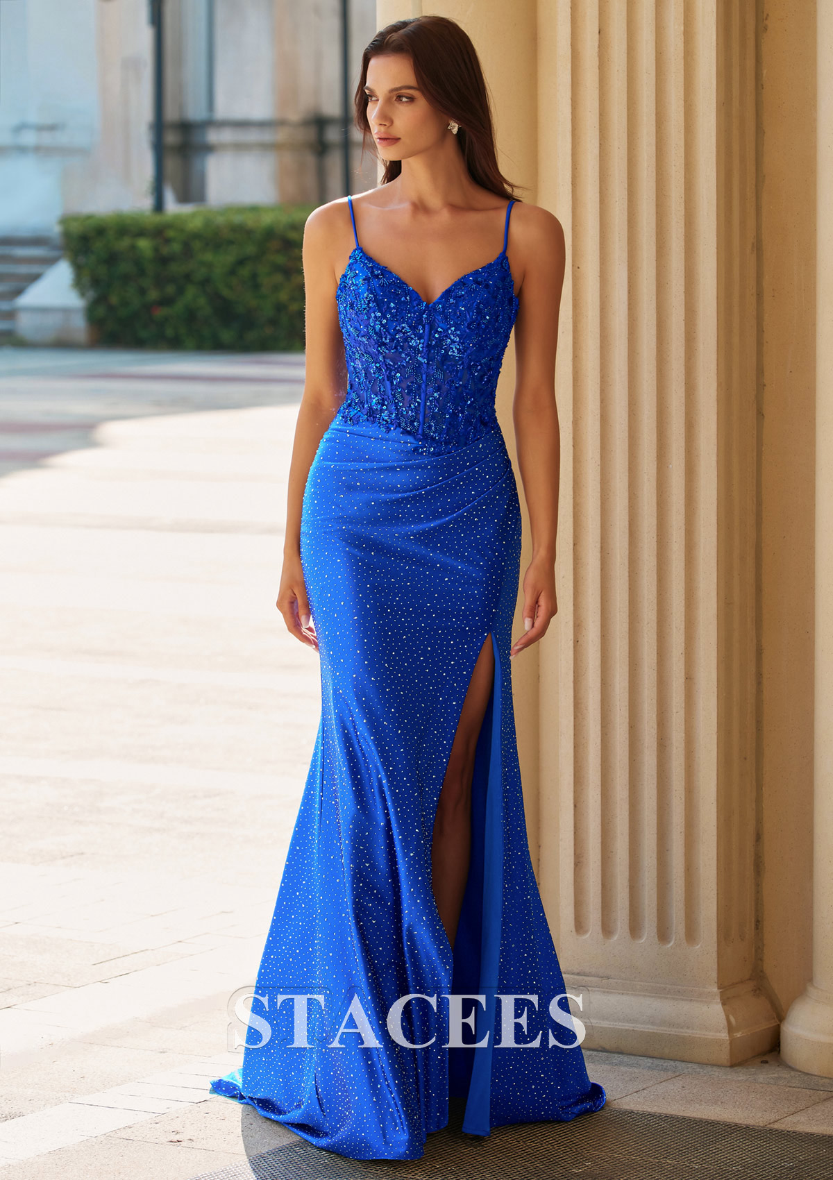 Royal Blue Sparkly Fitted Hotfix Corset Ruched Prom Dress with Slit and Spaghetti Straps - STACEES