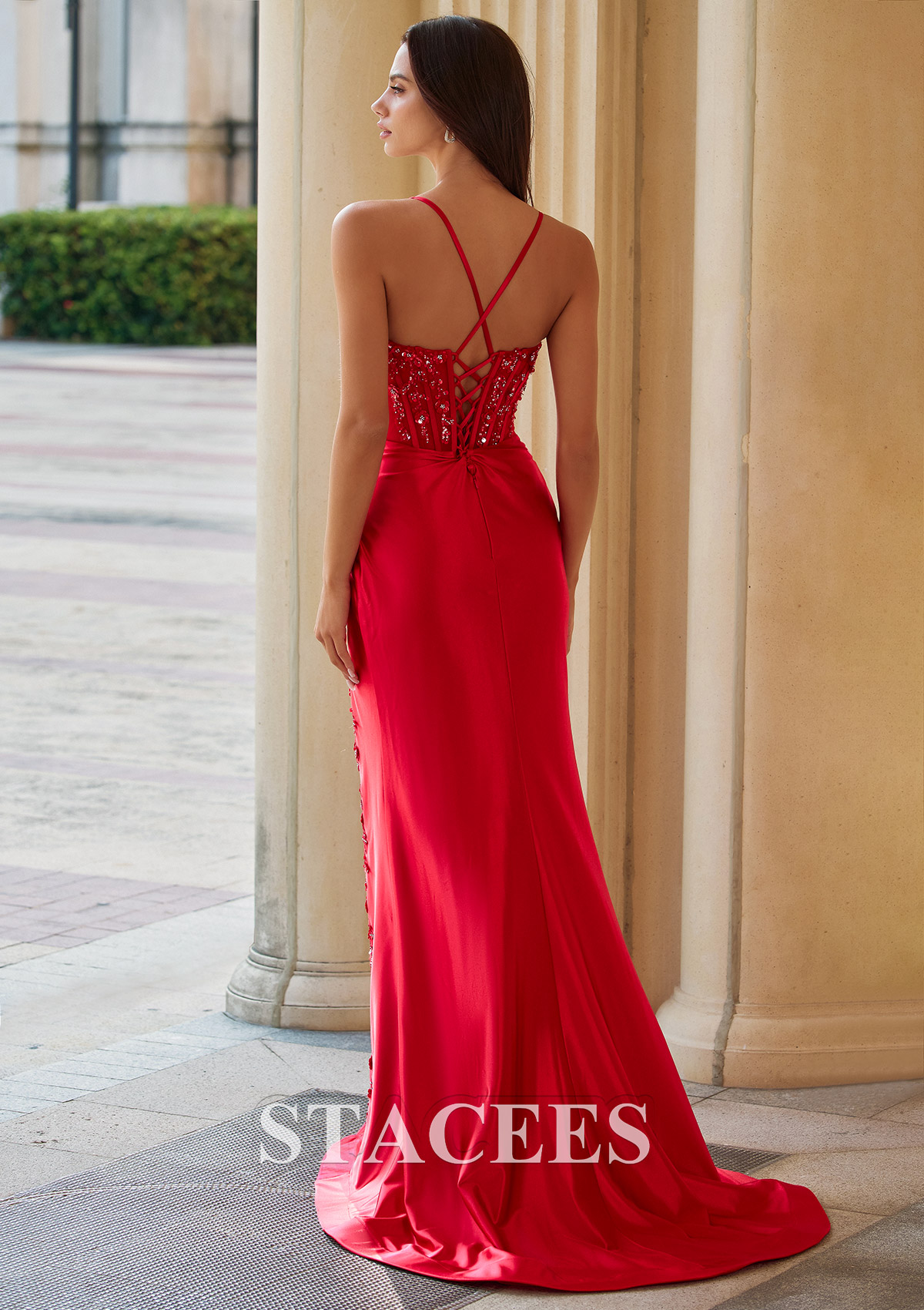 red dress lace up back Zapakasa Women Sheath Bridesmaid Dress with Lace-up Back Black Red Long Wedding Party Dress, Black Red / US4