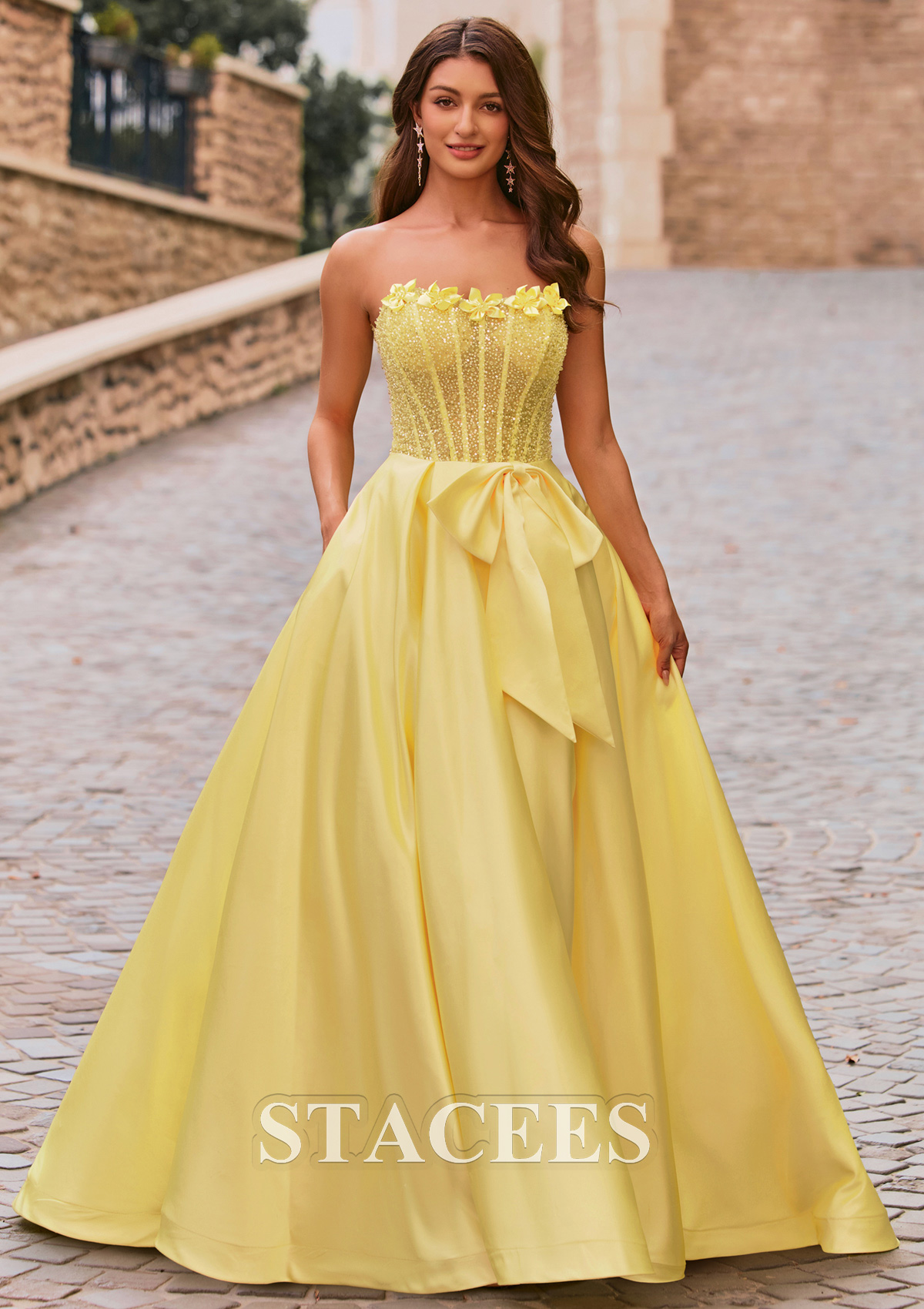 Daffodil Ball Gown Floral Strapless Beads Sheer Corset Prom Dress with Bowknot - STACEES
