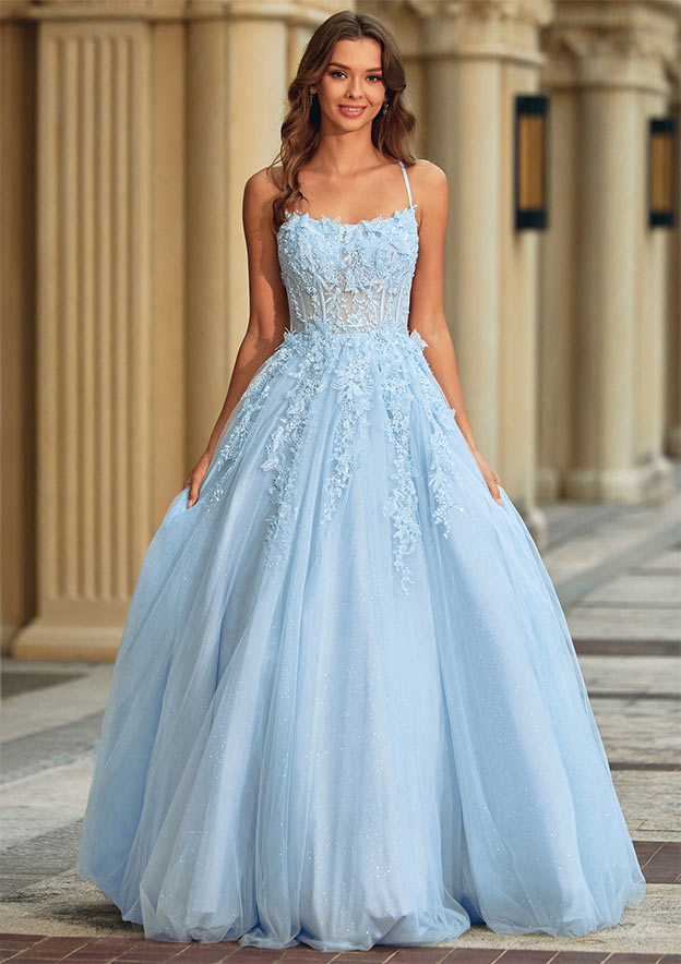 A-line Glitter Tulle Ball Gown Prom Dress with Lace Applique Sheer Corset