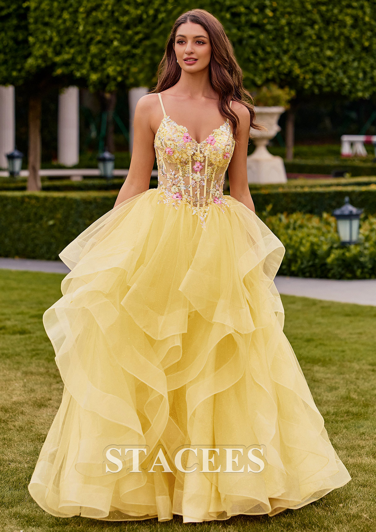 sheer tulle prom dress Sparkly Floral Sheer Corset Tulle Prom Dress with Ruffled Layered Ball Gown  Skirt S9018P - Prom Dresses