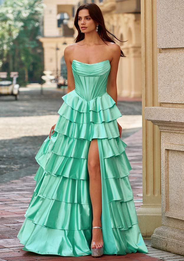 A-line Strapless Tiered Ruffle Prom Dress with Ruched Corset High Slit