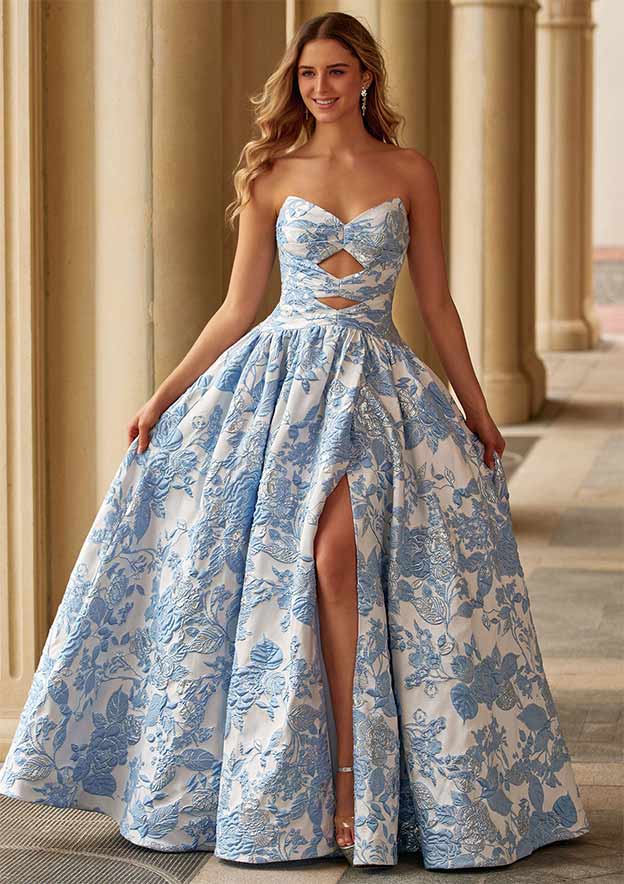 metallic brocade strapless dress Floral Brocade Strapless Ball Gown 47590