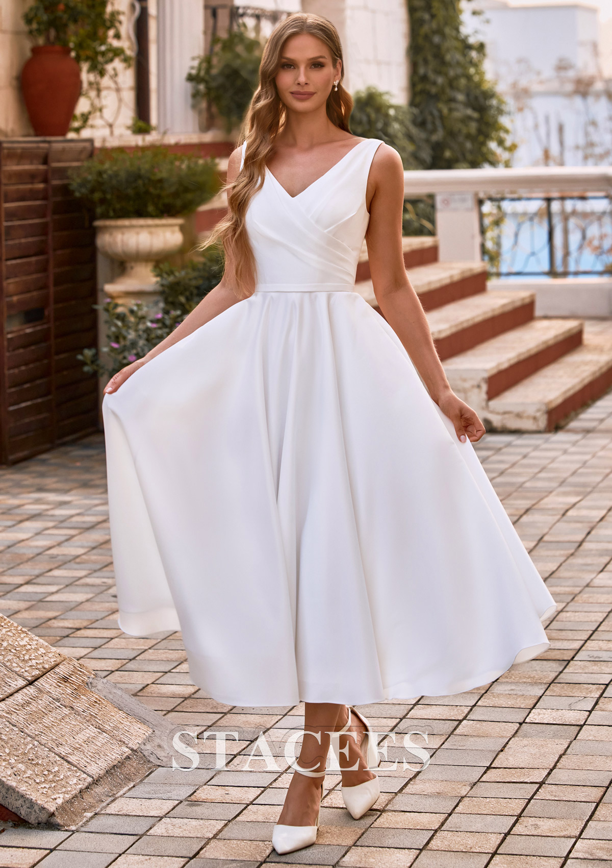Ivory Classic A-Line V-Neck Tea-Length Wedding Dress with Pockets