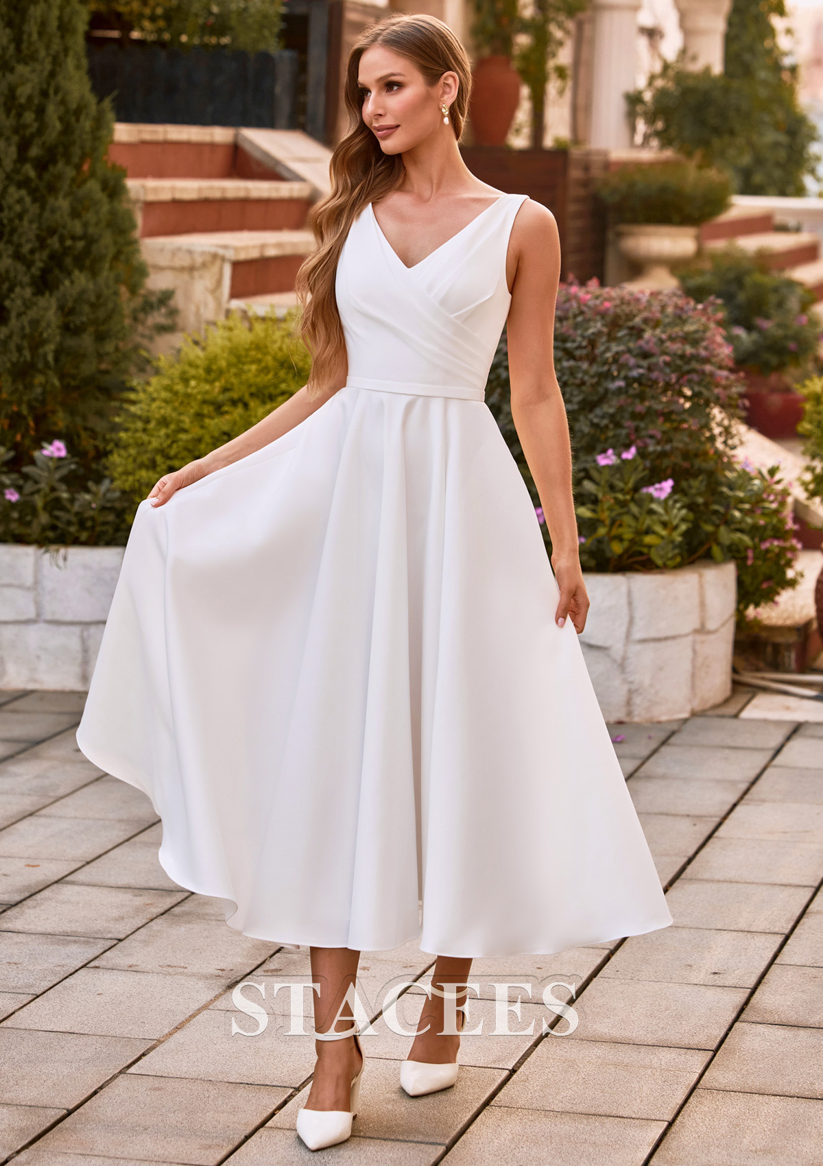 Ivory Classic A-Line V-Neck Tea-Length Wedding Dress with Pockets