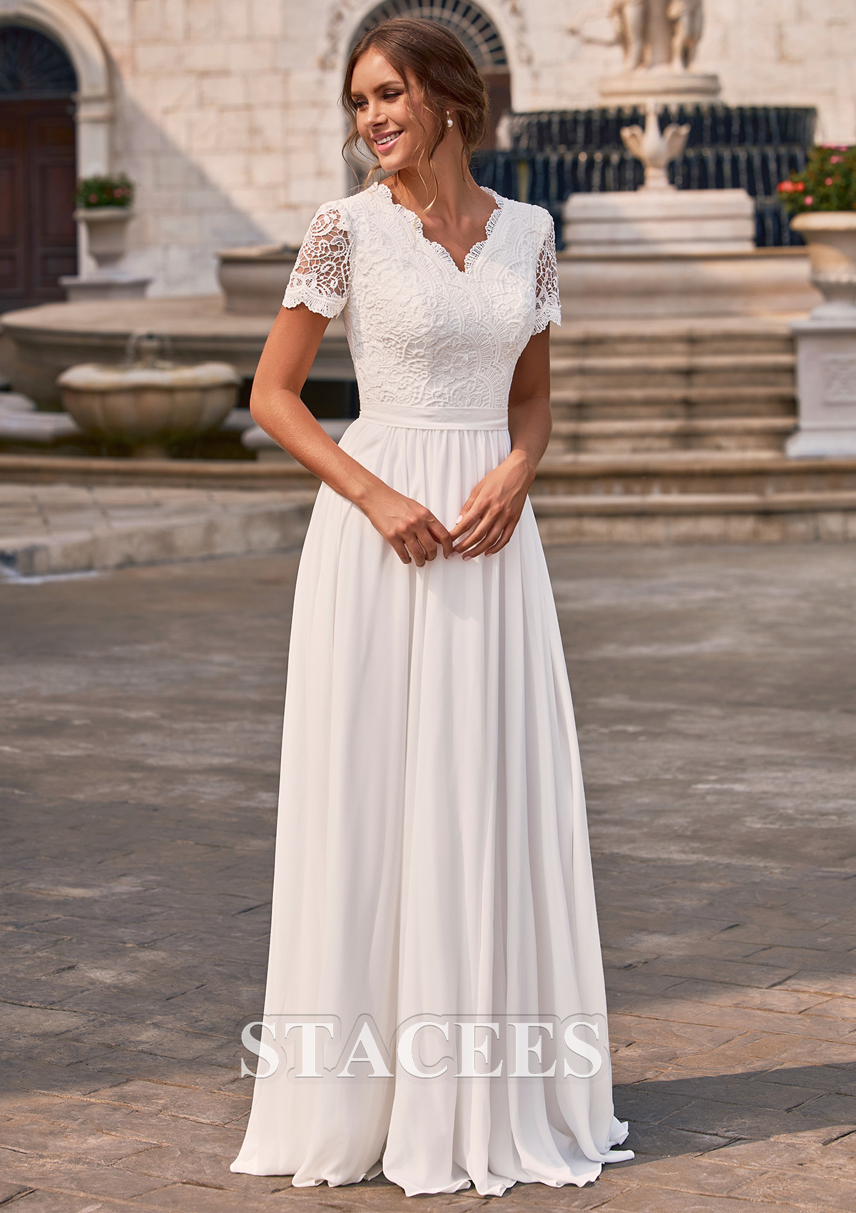 lace chiffon long dress Stacees 2026 A-line V Neck Chiffon Floor-Length Wedding Dress with Lace