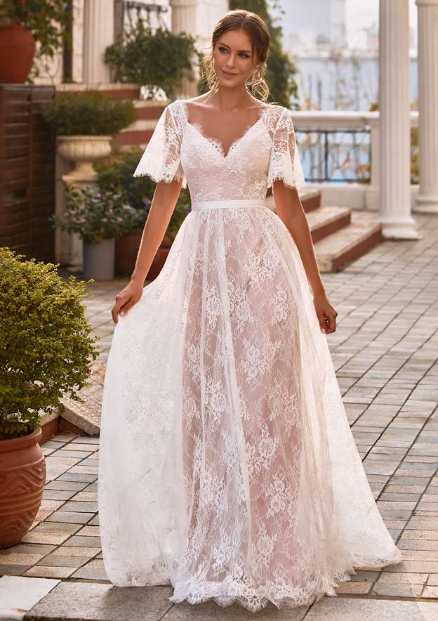 dress with lace waistband Smocked Waistband Short Puff Sleeves Lace Cotton Midi Dress - LARGE / White