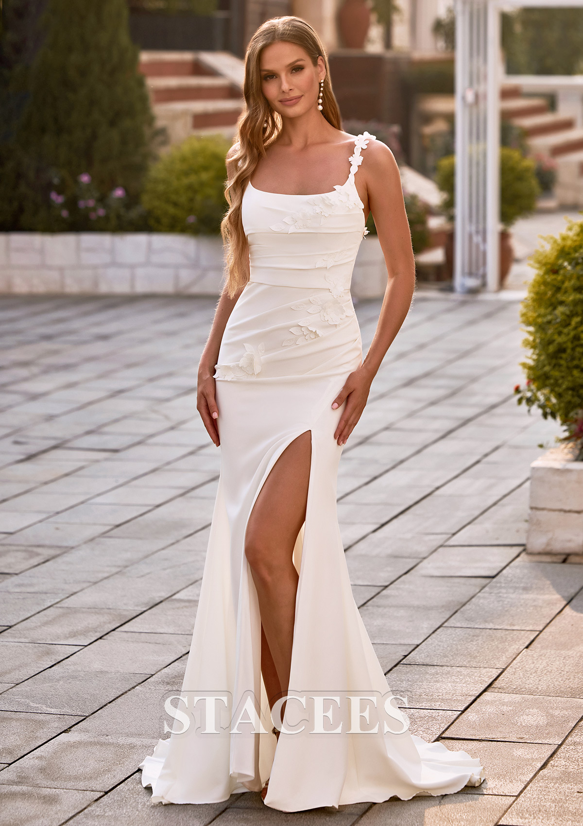 Marfil Corte trompeta/sirena escote redondo crepé elástico cola de corte vestido de novia - STACEES