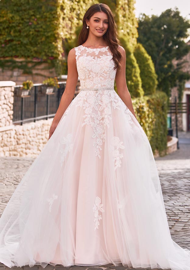 a line wedding dresses illusion neckline T202064 Illusion Bodice , Illusion Neckline Embroidered Lace Tulle & Organza Wedding Dress