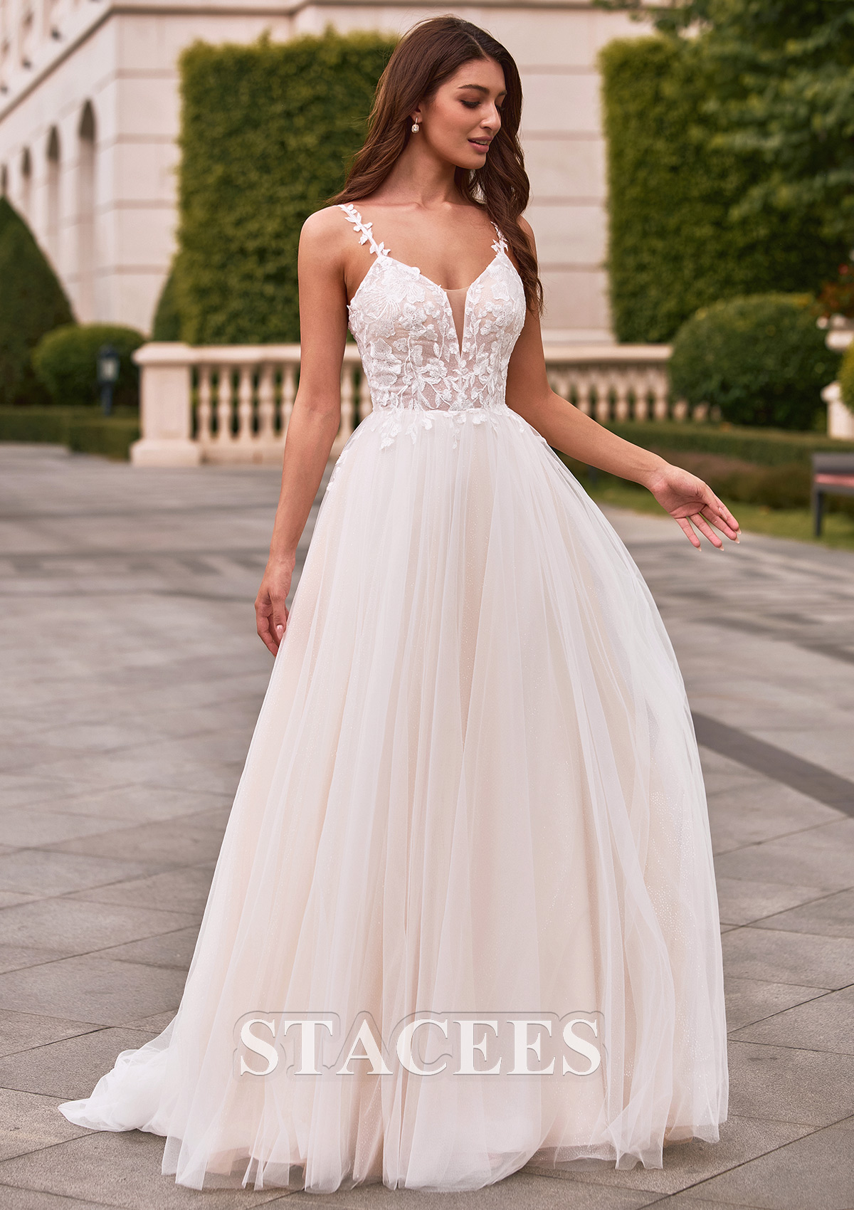 Ivory/Champagne Romantic A-line Plungimg V Neck Court Train Wedding Dress with Glitter - STACEES